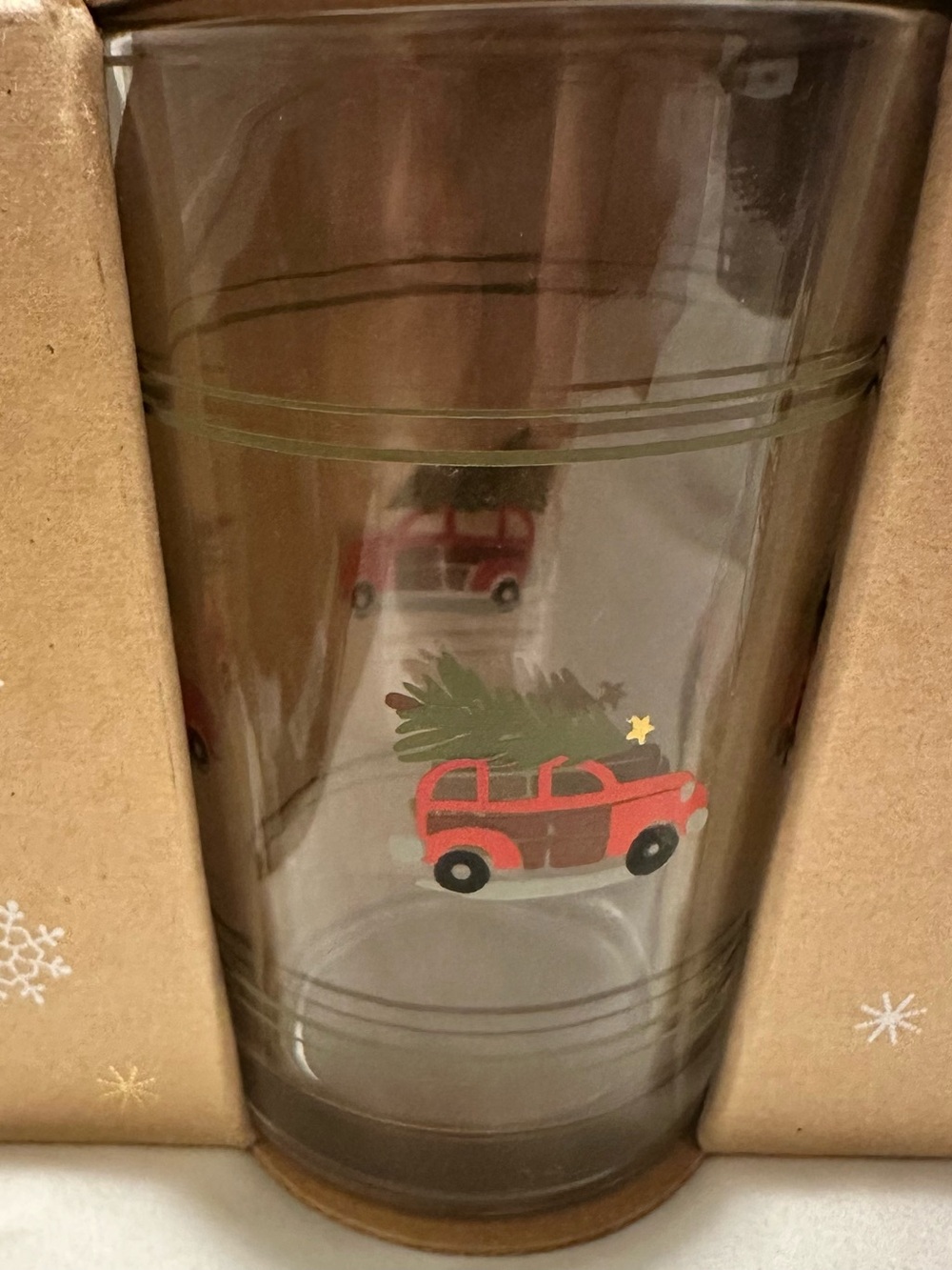 Pottery Barn Holiday Icon Juice Glass Set of 4 Woody Wagon Christmas NIB